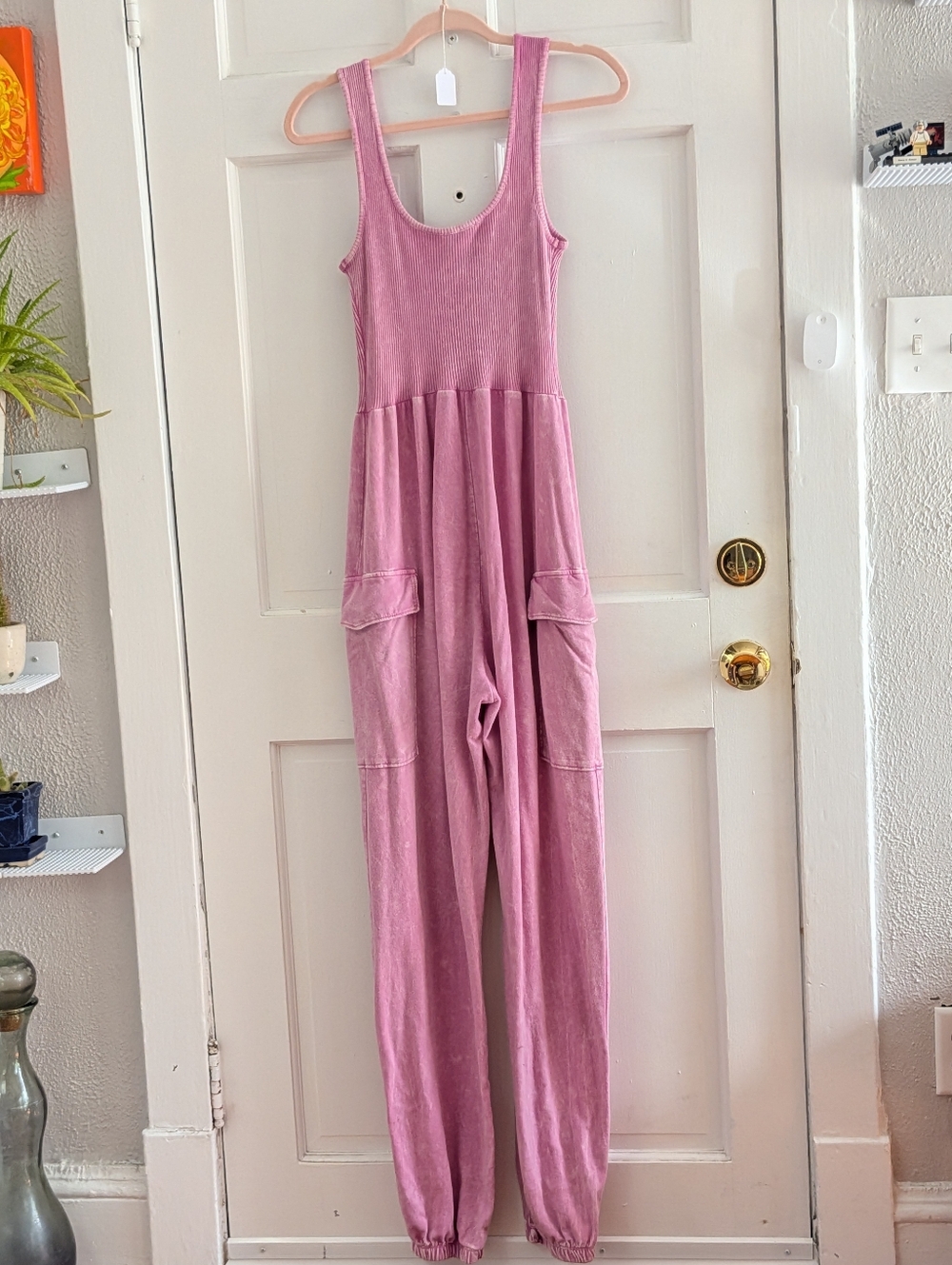 J.HER Pink Ribbed Utility Jumpsuit Wide Strap Lounge Romper L - Picture 5 of 5